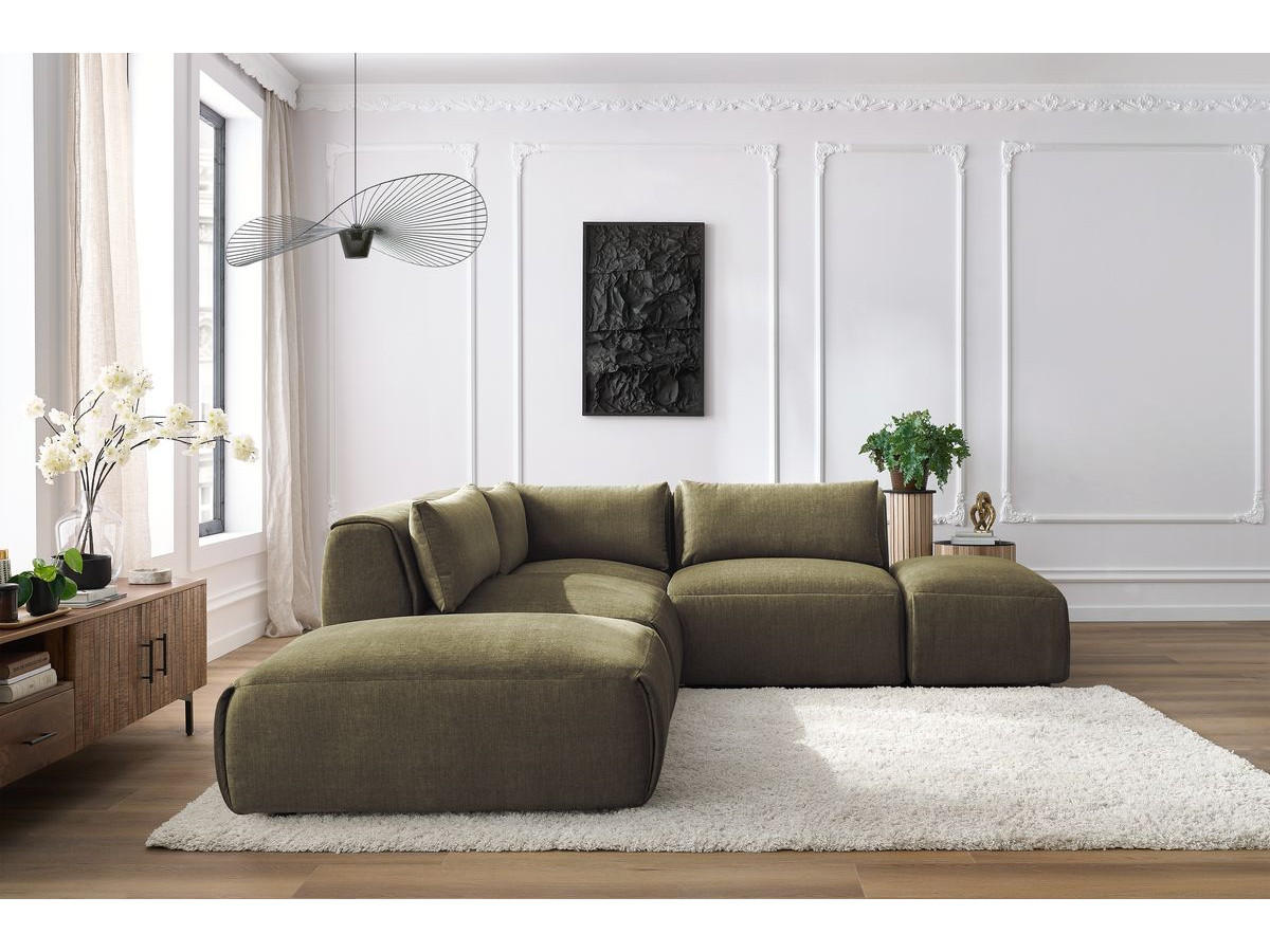 JEANNE modulaire vaste hoekbank in fluwelen stof met 2 fauteuils, 1 hoekbank en 2 poefs