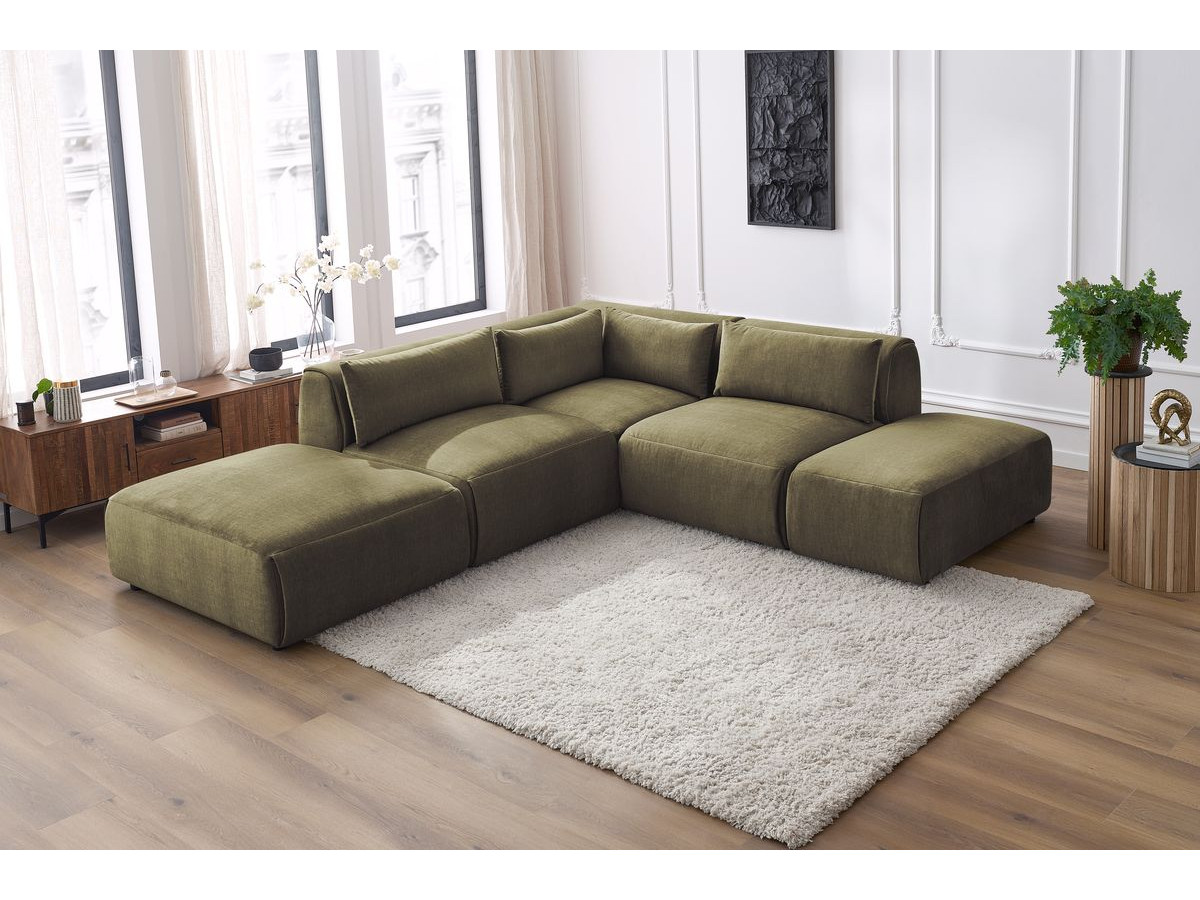 JEANNE modulaire vaste hoekbank in fluwelen stof met 2 fauteuils, 1 hoekbank en 2 poefs