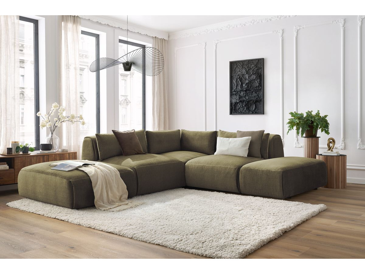 JEANNE modulaire vaste hoekbank in fluwelen stof met 2 fauteuils, 1 hoekbank en 2 poefs