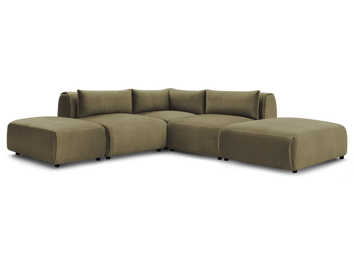 JEANNE modulaire vaste hoekbank in fluwelen stof met 2 fauteuils, 1 hoekbank en 2 poefs