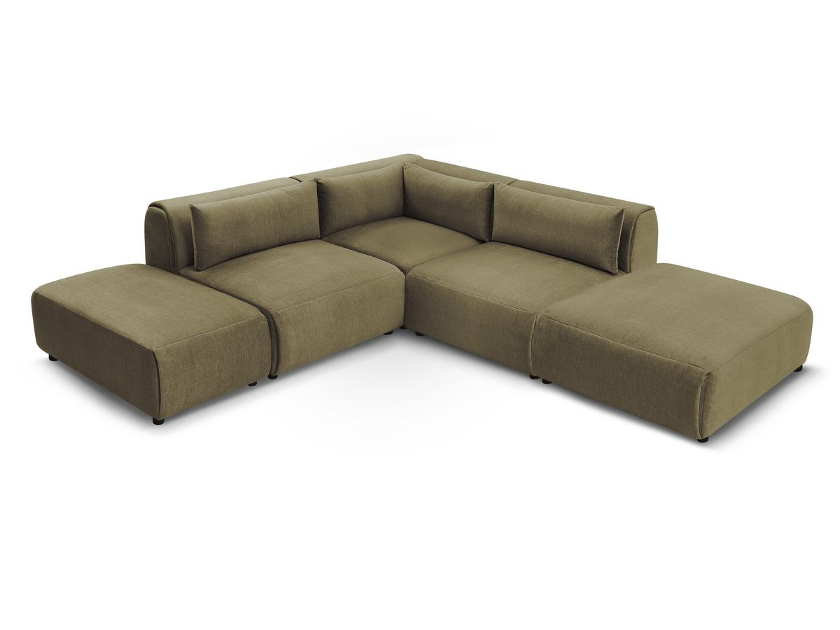 JEANNE modulaire vaste hoekbank in fluwelen stof met 2 fauteuils, 1 hoekbank en 2 poefs