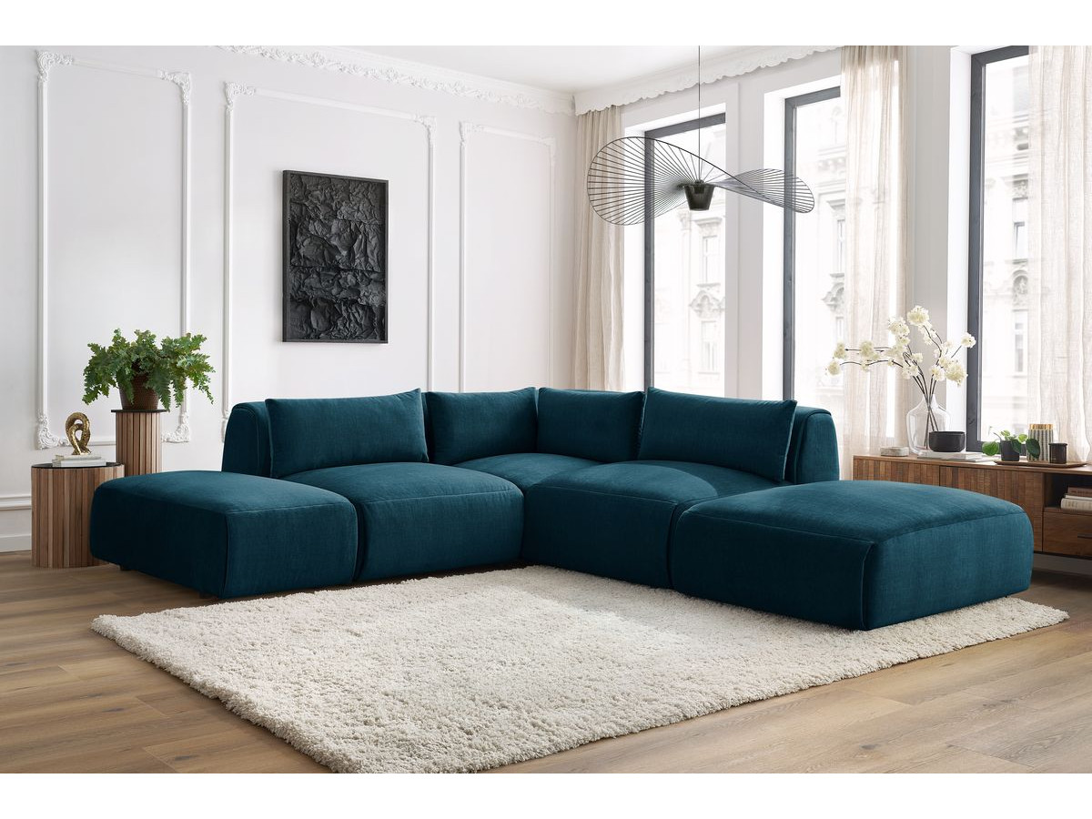 JEANNE modulaire vaste hoekbank in fluwelen stof met 2 fauteuils, 1 hoekbank en 2 poefs