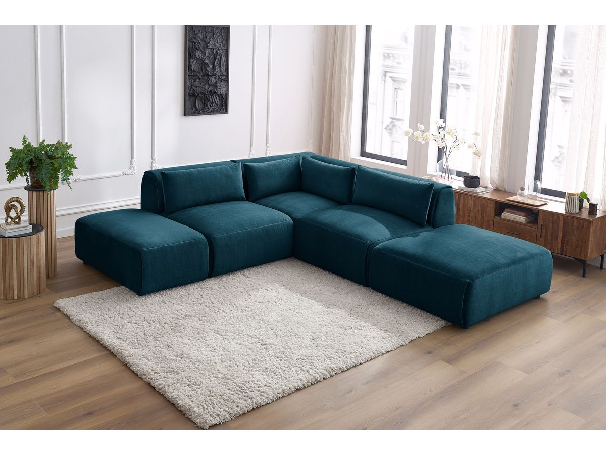 Canapé d'angle fixe modulable JEANNE tissu velours avec 2 chauffeuses, 1 angle et 2 poufs