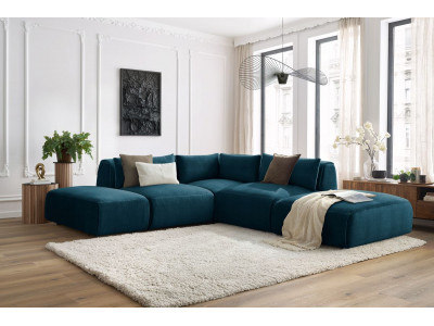 Canapé d'angle fixe modulable JEANNE tissu velours avec 2 chauffeuses, 1 angle et 2 poufs
