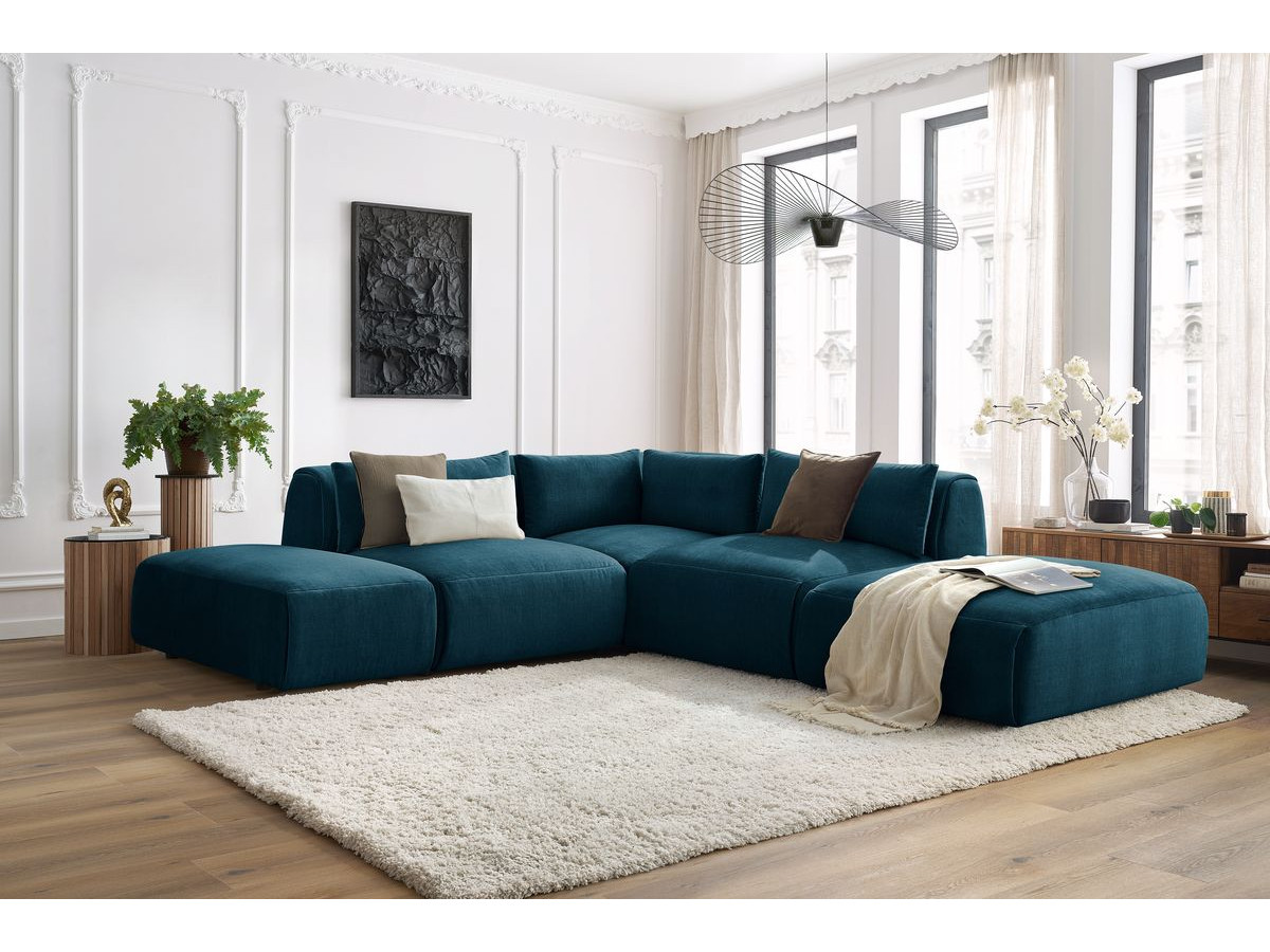 Canapé d'angle fixe modulable JEANNE tissu velours avec 2 chauffeuses, 1 angle et 2 poufs