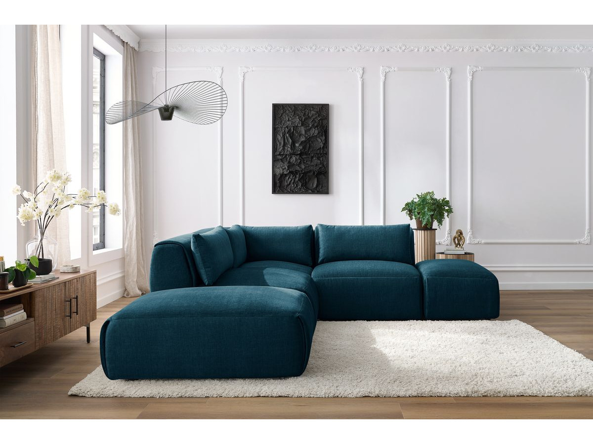 Canapé d'angle fixe modulable JEANNE tissu velours avec 2 chauffeuses, 1 angle et 2 poufs