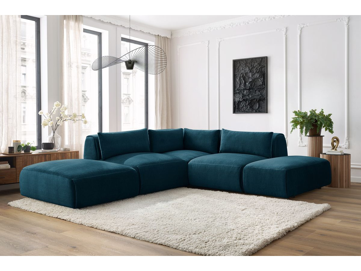 Canapé d'angle fixe modulable JEANNE tissu velours avec 2 chauffeuses, 1 angle et 2 poufs