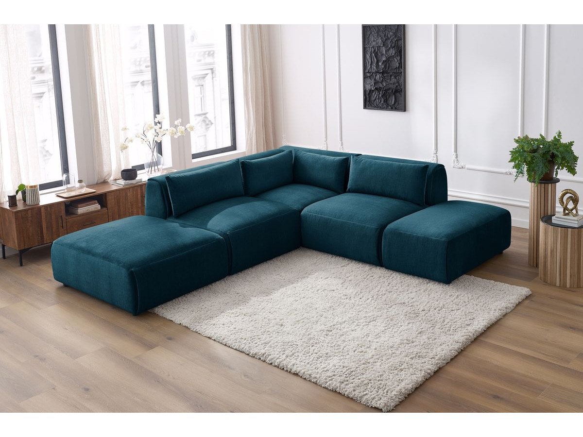 Canapé d'angle fixe modulable JEANNE tissu velours avec 2 chauffeuses, 1 angle et 2 poufs