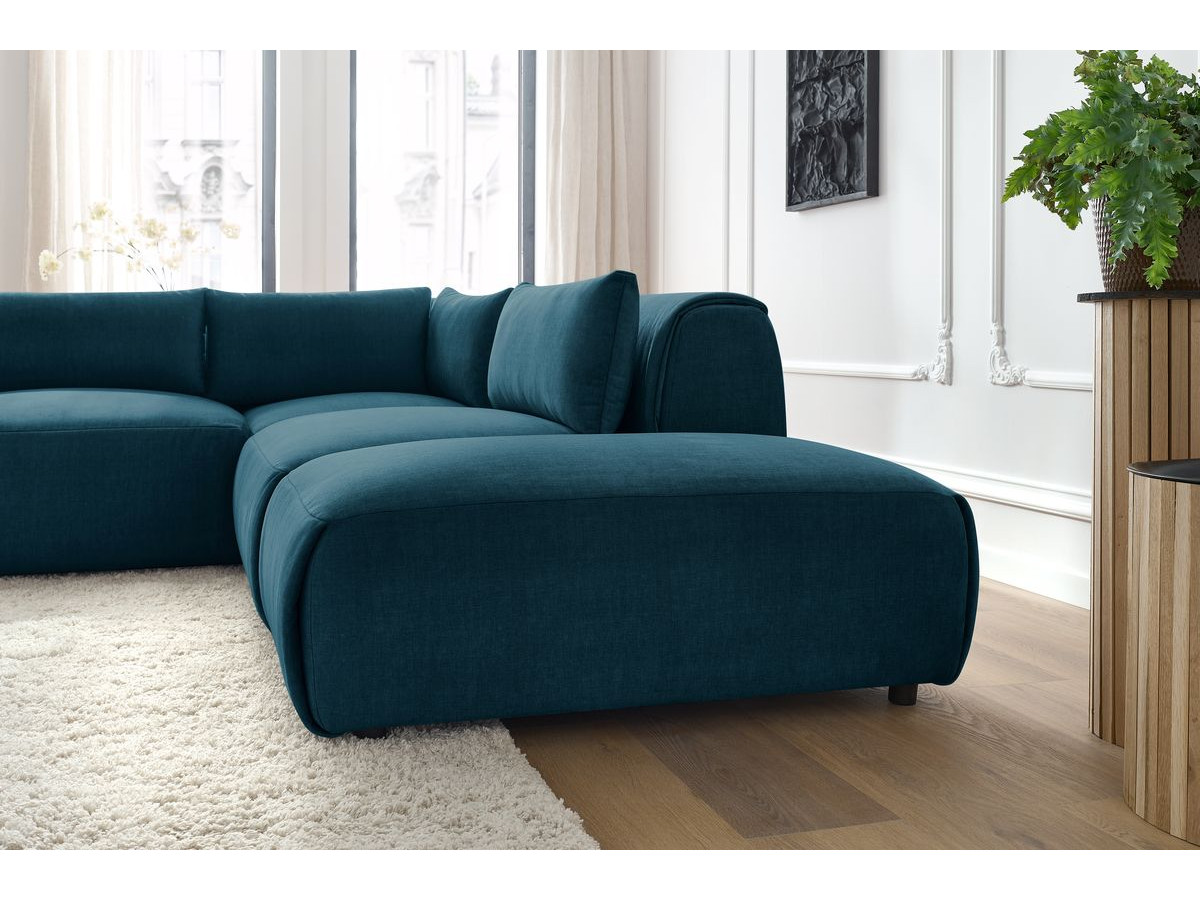 Canapé d'angle fixe modulable JEANNE tissu velours avec 2 chauffeuses, 1 angle et 2 poufs