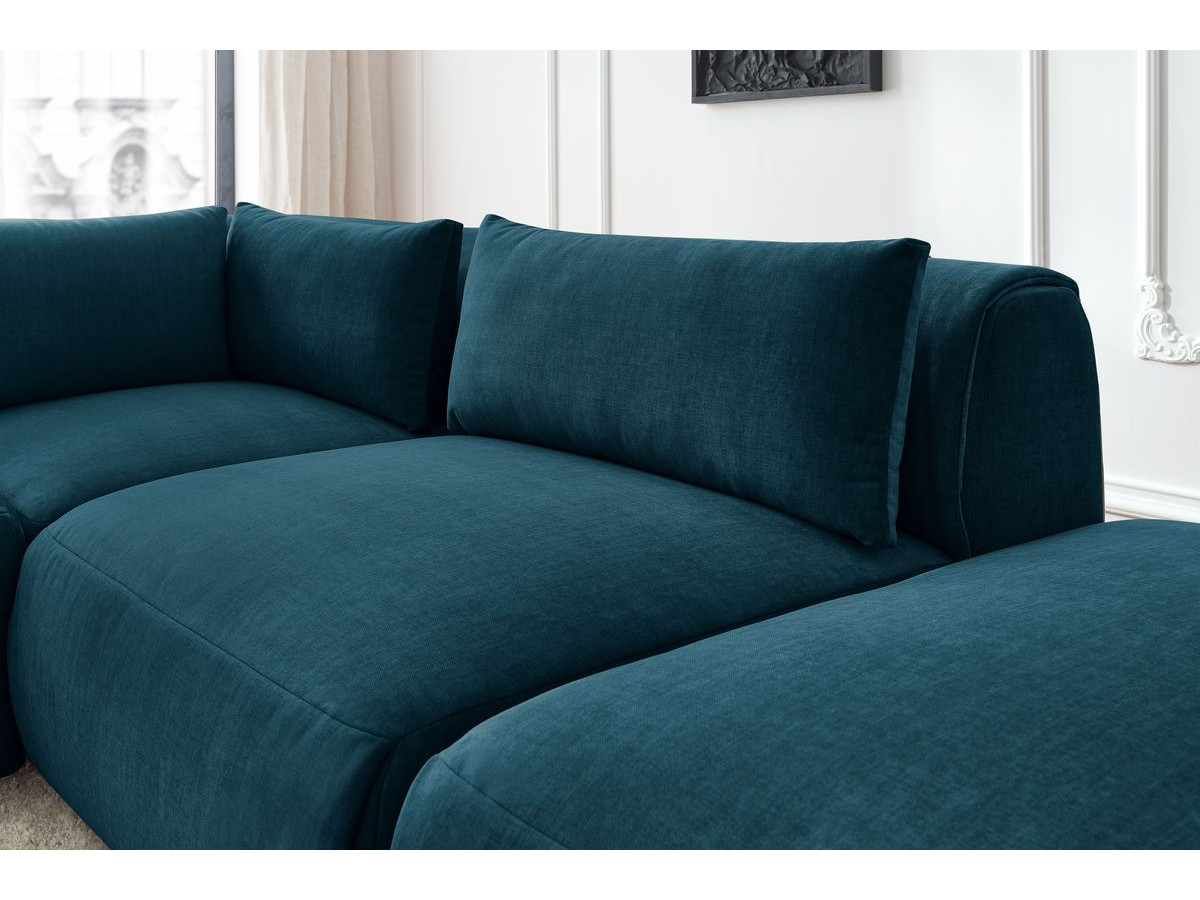 Canapé d'angle fixe modulable JEANNE tissu velours avec 2 chauffeuses, 1 angle et 2 poufs
