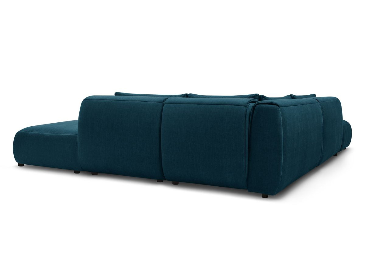 Canapé d'angle fixe modulable JEANNE tissu velours avec 2 chauffeuses, 1 angle et 2 poufs