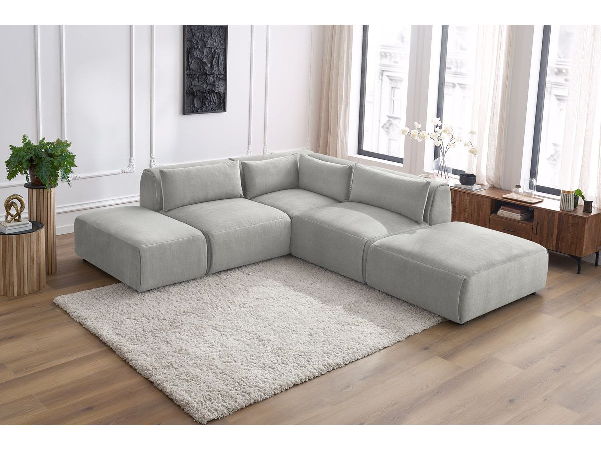 Canapé d'angle fixe modulable JEANNE tissu velours avec 2 chauffeuses, 1 angle et 2 poufs