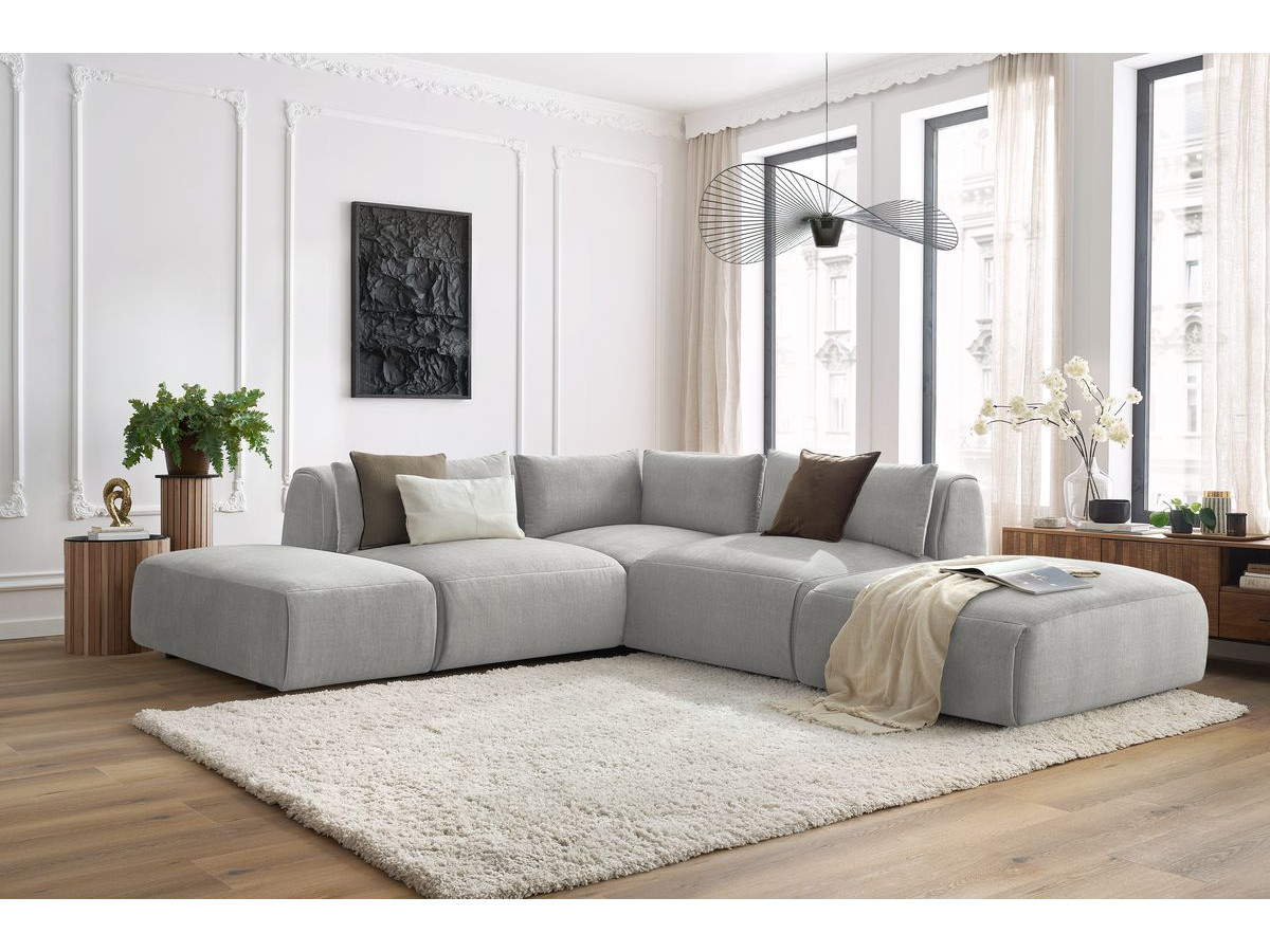 Canapé d'angle fixe modulable JEANNE tissu velours avec 2 chauffeuses, 1 angle et 2 poufs