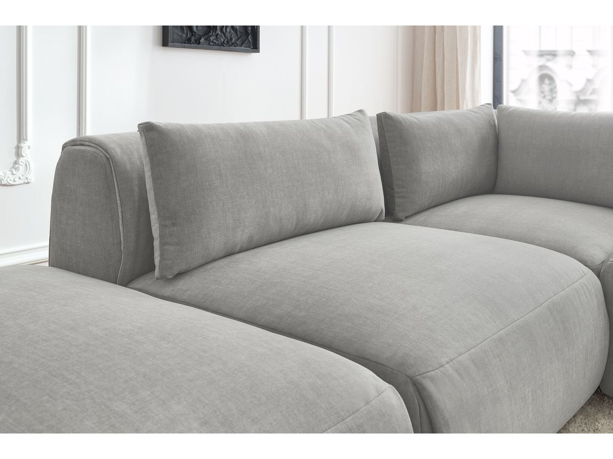 Canapé d'angle fixe modulable JEANNE tissu velours avec 2 chauffeuses, 1 angle et 2 poufs