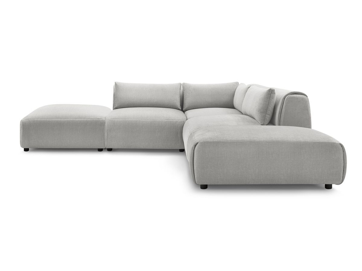 Canapé d'angle fixe modulable JEANNE tissu velours avec 2 chauffeuses, 1 angle et 2 poufs