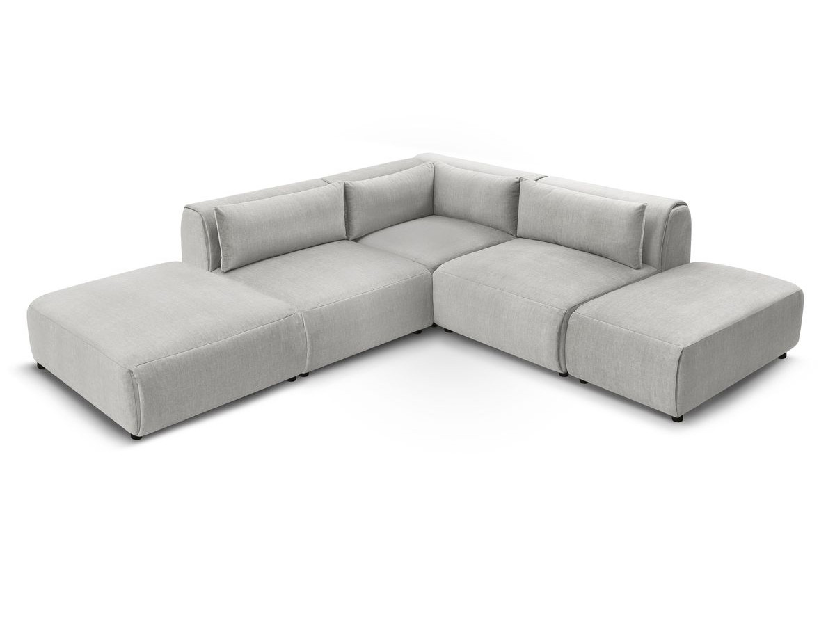 Canapé d'angle fixe modulable JEANNE tissu velours avec 2 chauffeuses, 1 angle et 2 poufs