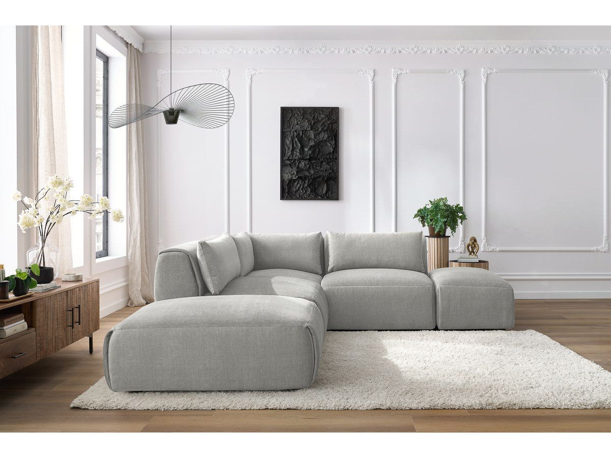 Canapé d'angle fixe modulable JEANNE tissu velours avec 2 chauffeuses, 1 angle et 2 poufs