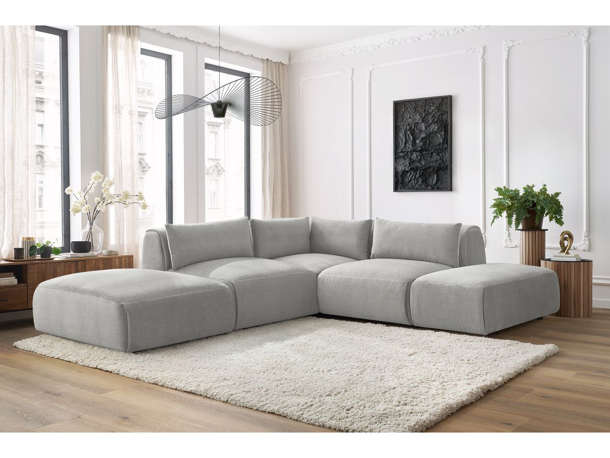 Canapé d'angle fixe modulable JEANNE tissu velours avec 2 chauffeuses, 1 angle et 2 poufs