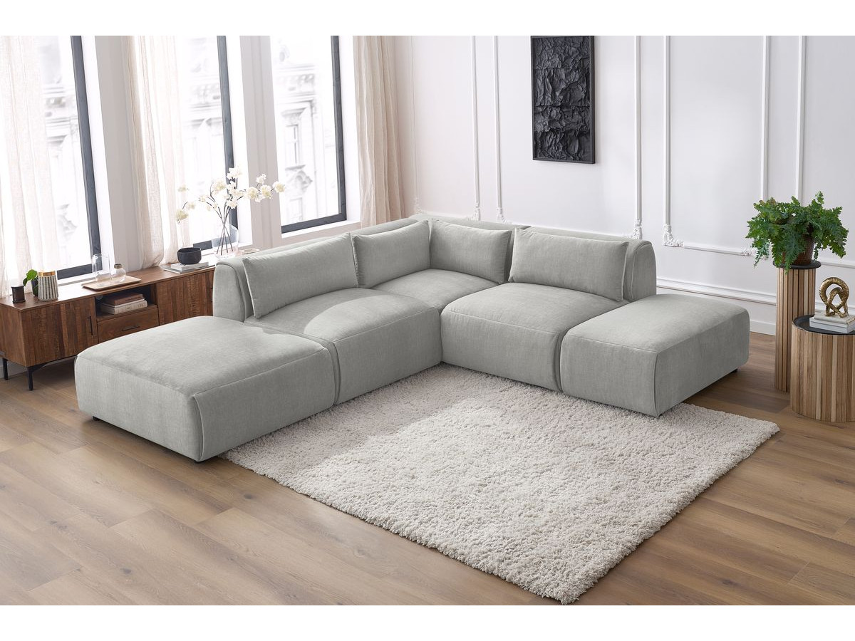 Canapé d'angle fixe modulable JEANNE tissu velours avec 2 chauffeuses, 1 angle et 2 poufs