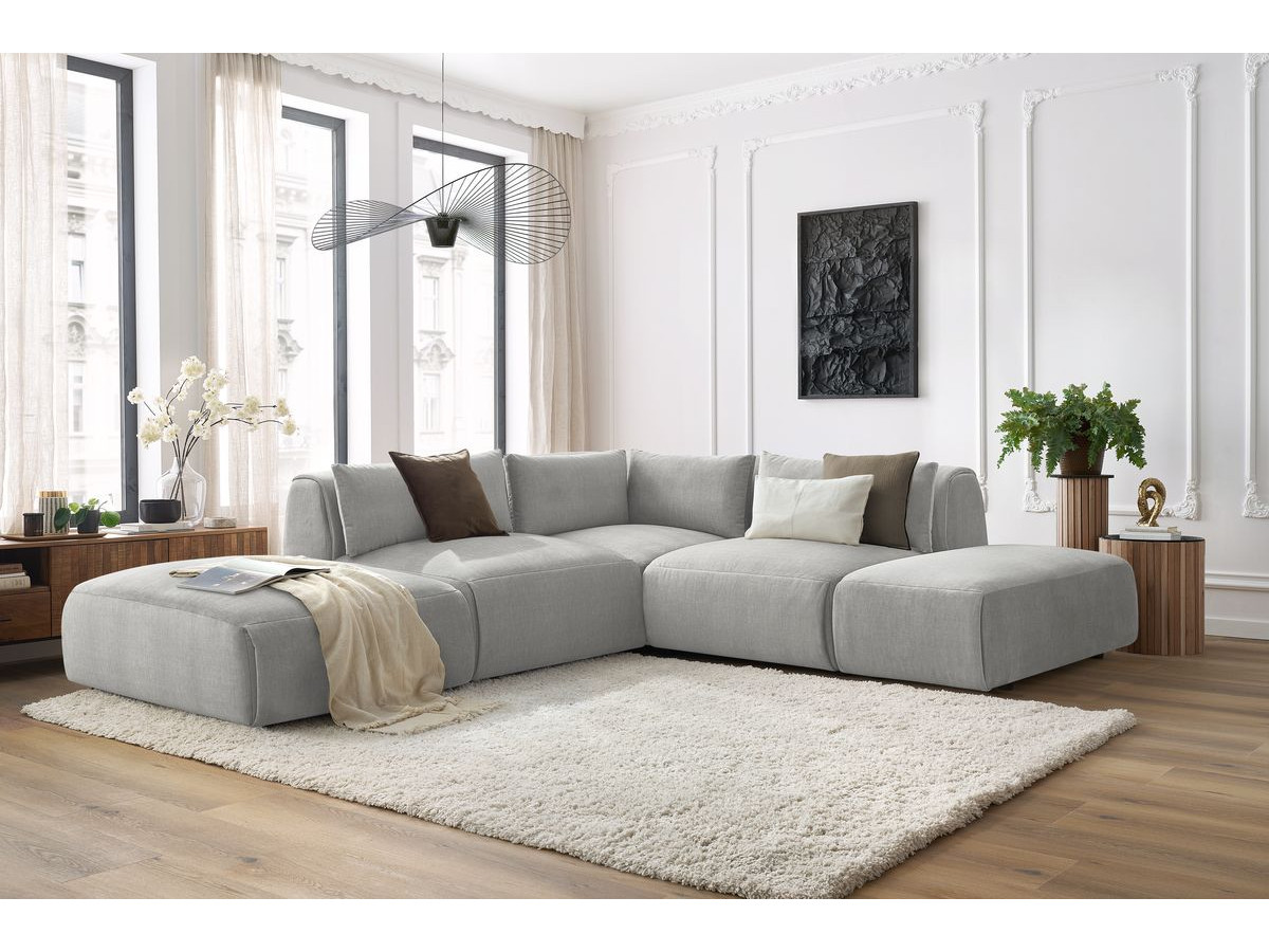 Canapé d'angle fixe modulable JEANNE tissu velours avec 2 chauffeuses, 1 angle et 2 poufs