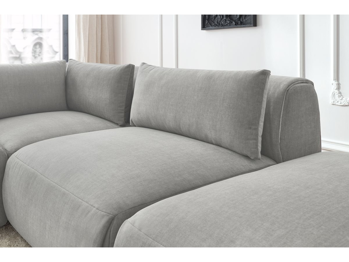 Canapé d'angle fixe modulable JEANNE tissu velours avec 2 chauffeuses, 1 angle et 2 poufs