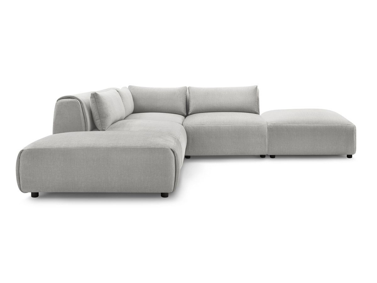 Canapé d'angle fixe modulable JEANNE tissu velours avec 2 chauffeuses, 1 angle et 2 poufs