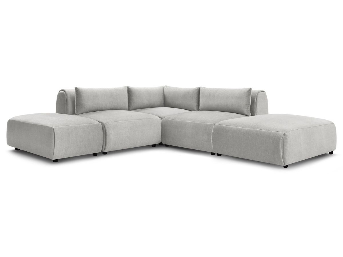 Canapé d'angle fixe modulable JEANNE tissu velours avec 2 chauffeuses, 1 angle et 2 poufs