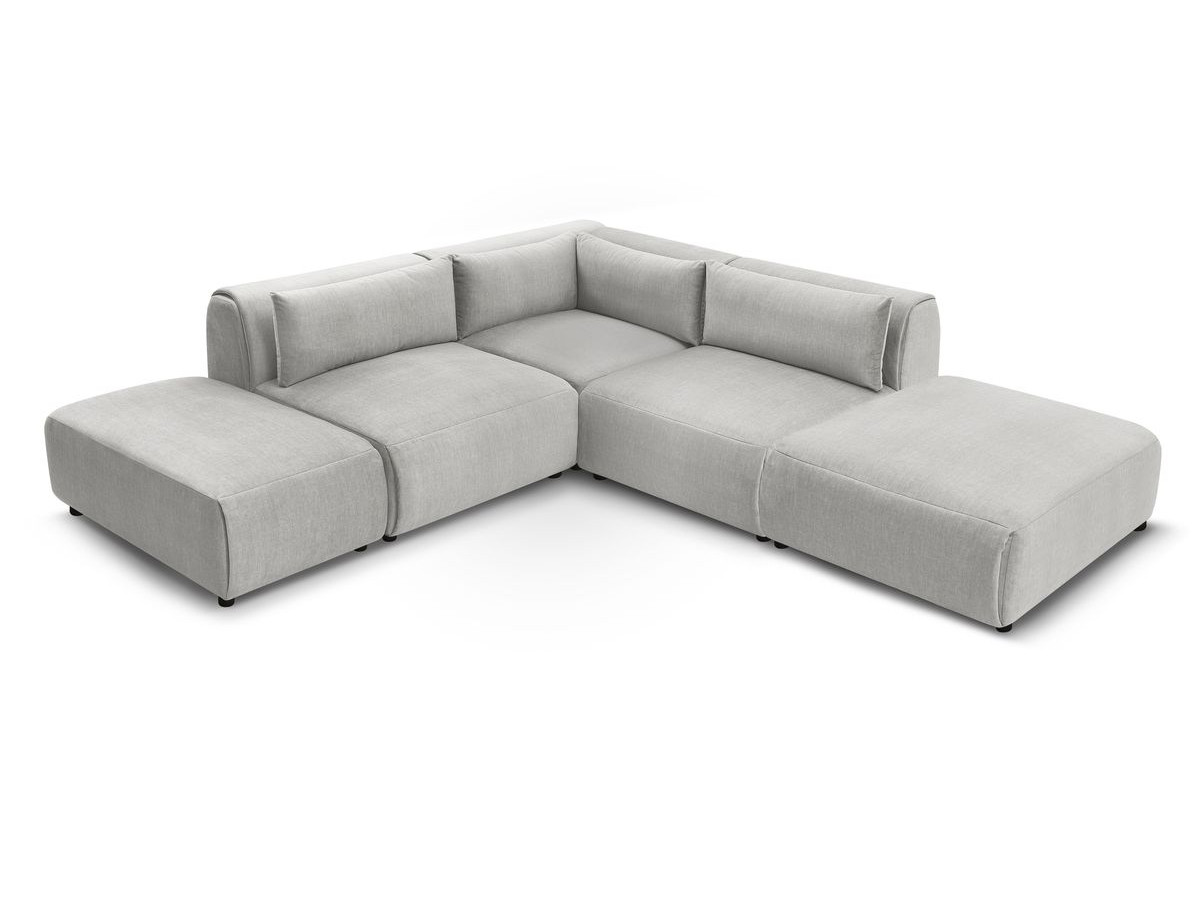 Canapé d'angle fixe modulable JEANNE tissu velours avec 2 chauffeuses, 1 angle et 2 poufs