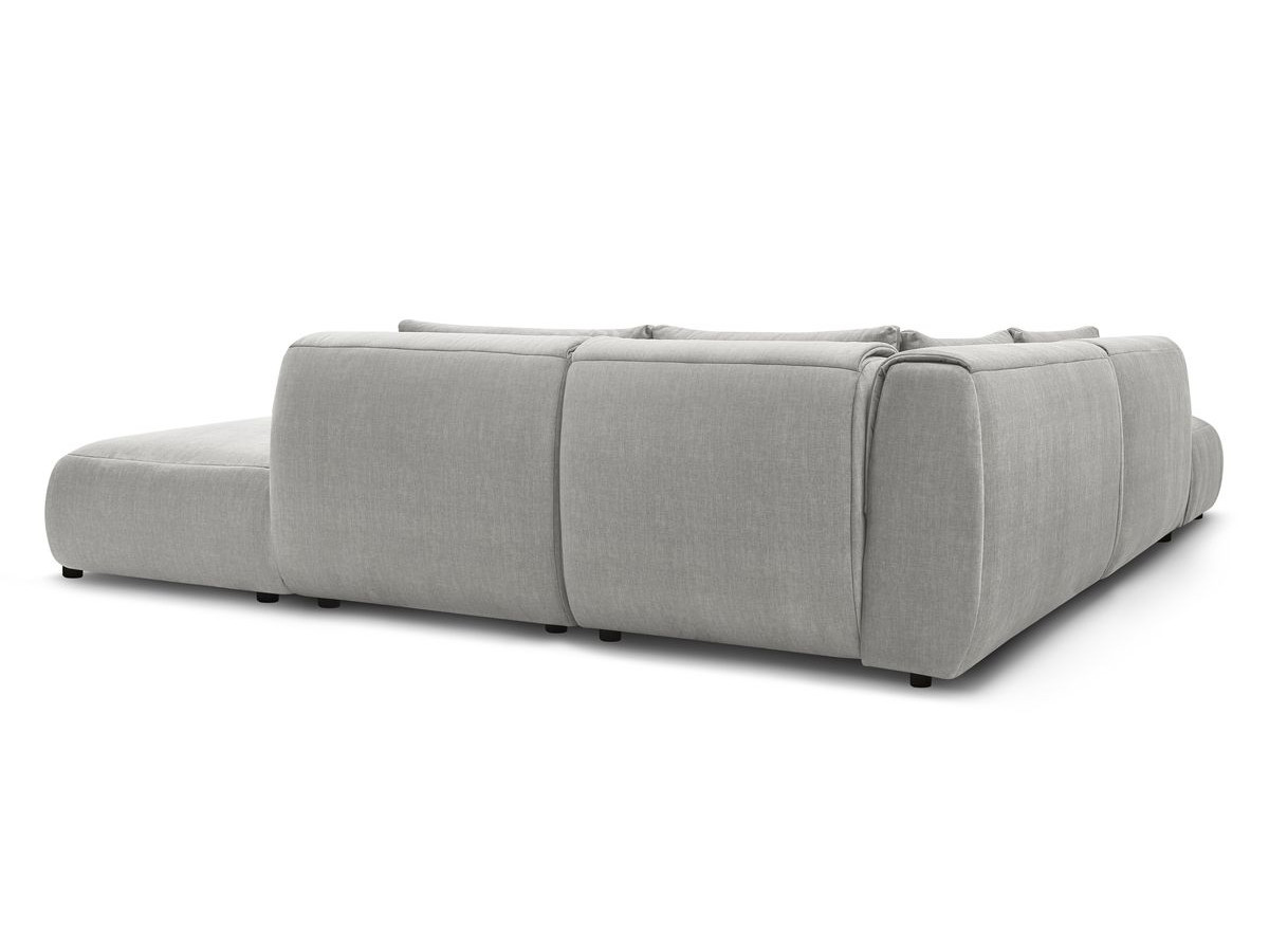 Canapé d'angle fixe modulable JEANNE tissu velours avec 2 chauffeuses, 1 angle et 2 poufs