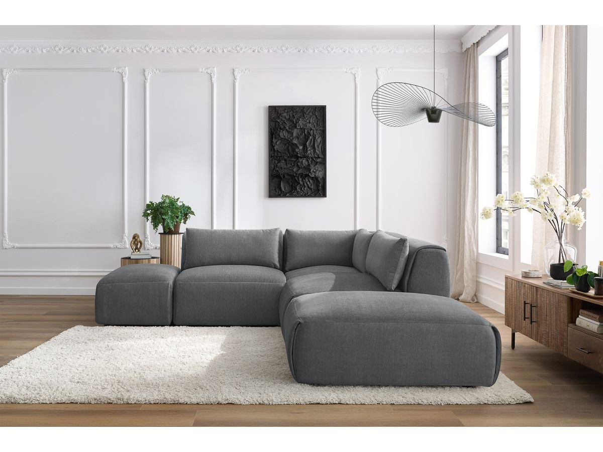 Canapé d'angle fixe modulable JEANNE tissu velours avec 2 chauffeuses, 1 angle et 2 poufs