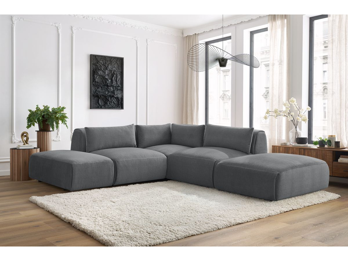 JEANNE modulaire vaste hoekbank in fluwelen stof met 2 fauteuils, 1 hoekbank en 2 poefs