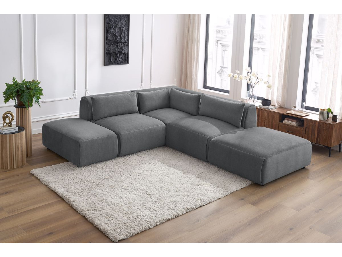 Canapé d'angle fixe modulable JEANNE tissu velours avec 2 chauffeuses, 1 angle et 2 poufs