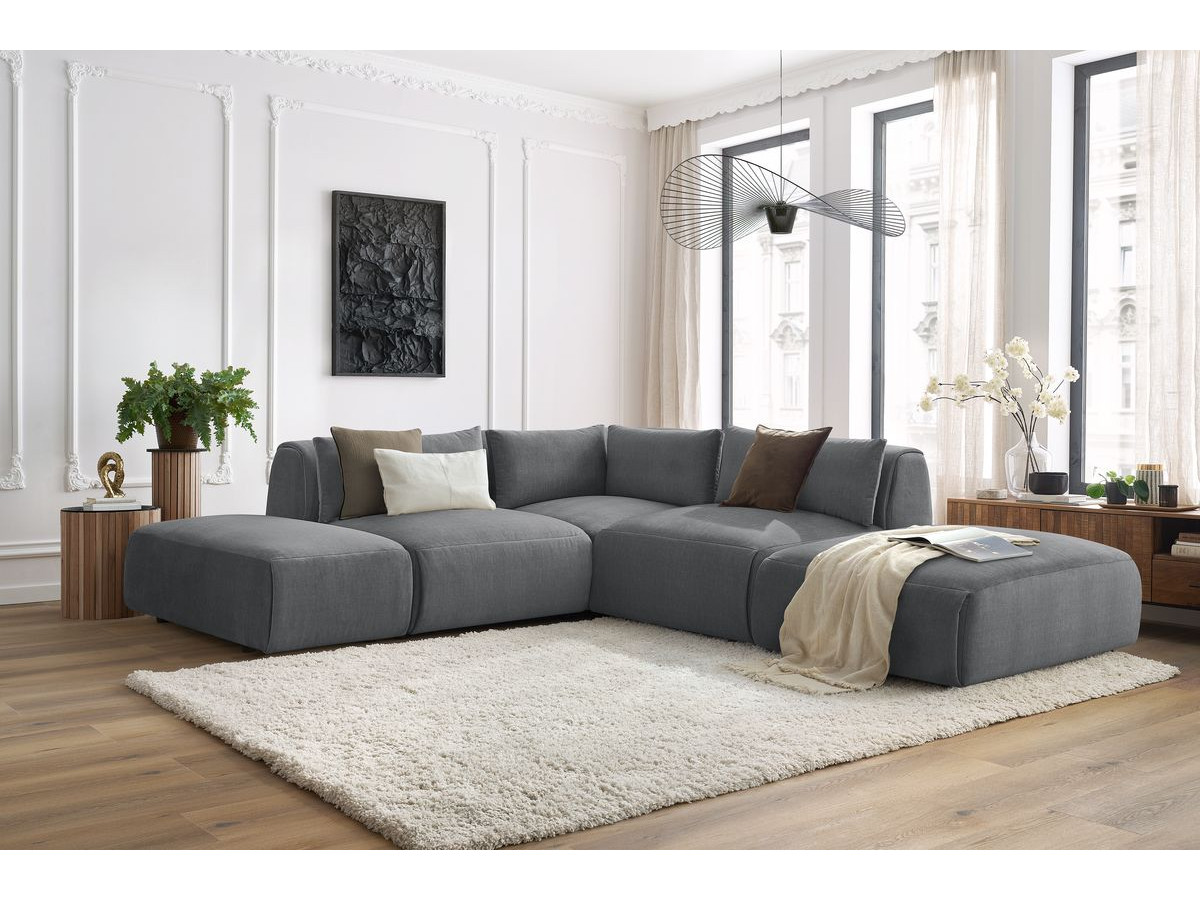 Canapé d'angle fixe modulable JEANNE tissu velours avec 2 chauffeuses, 1 angle et 2 poufs