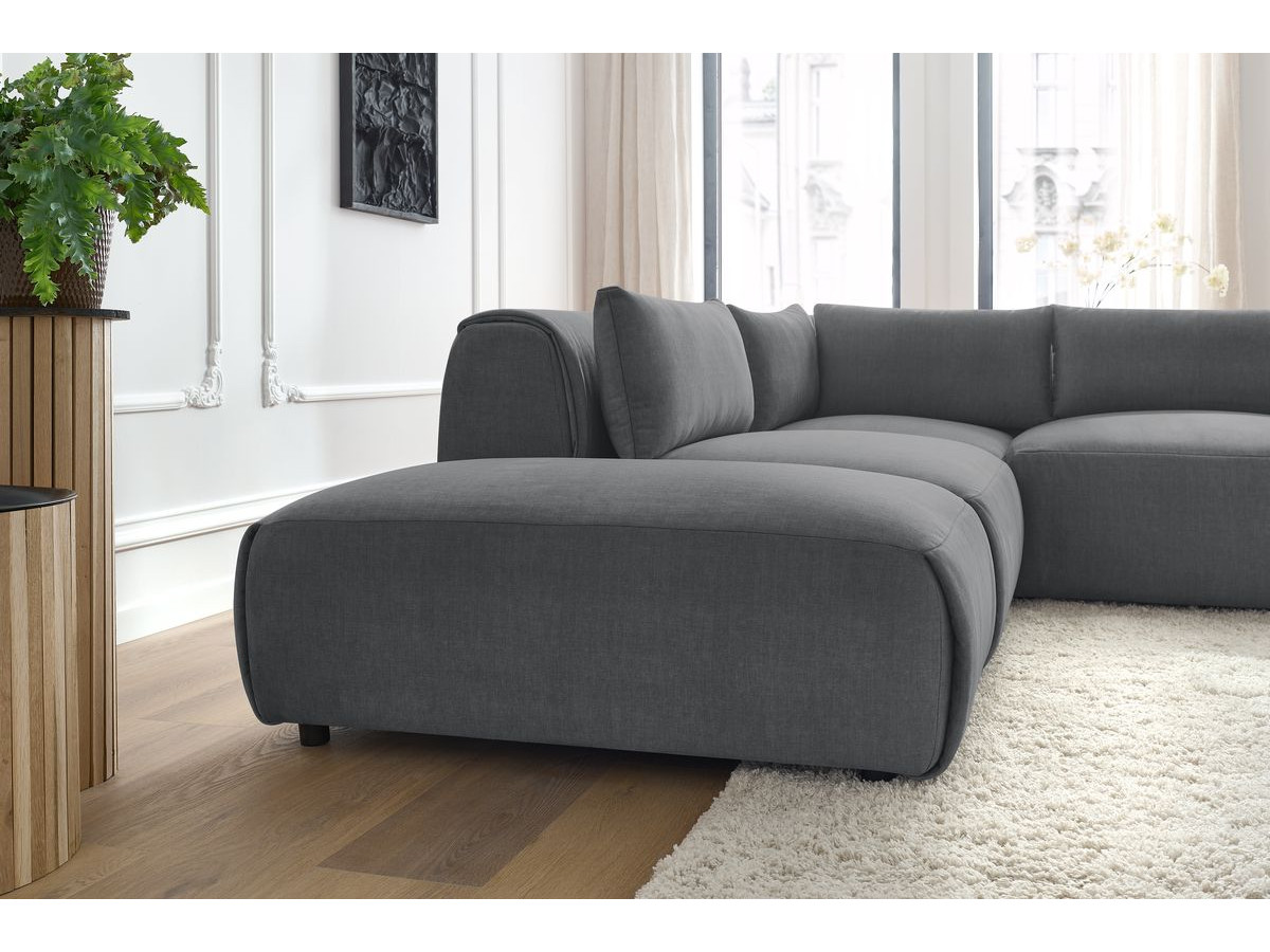 Canapé d'angle fixe modulable JEANNE tissu velours avec 2 chauffeuses, 1 angle et 2 poufs
