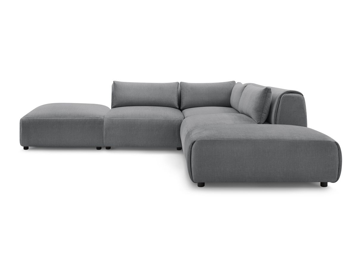 Canapé d'angle fixe modulable JEANNE tissu velours avec 2 chauffeuses, 1 angle et 2 poufs