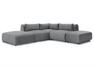 Canapé d'angle fixe modulable JEANNE tissu velours avec 2 chauffeuses, 1 angle et 2 poufs