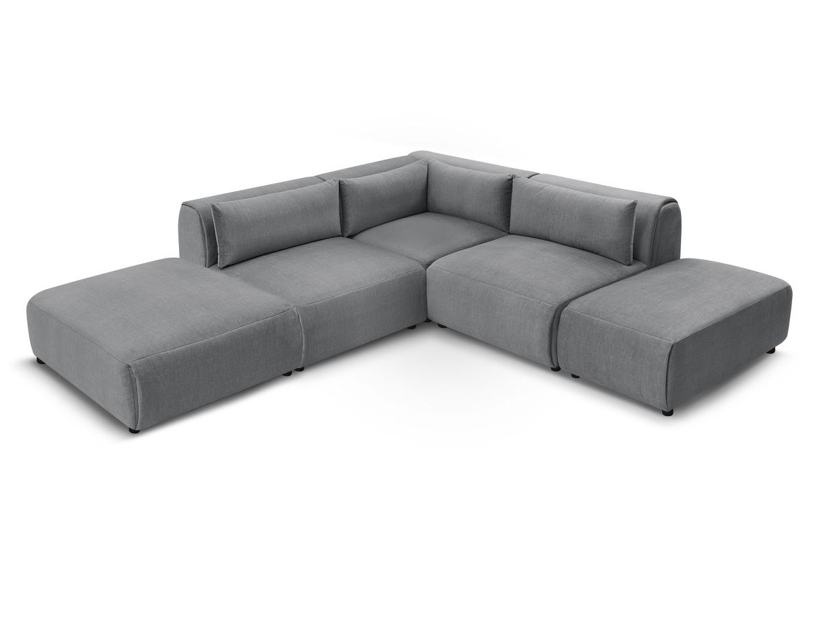Canapé d'angle fixe modulable JEANNE tissu velours avec 2 chauffeuses, 1 angle et 2 poufs