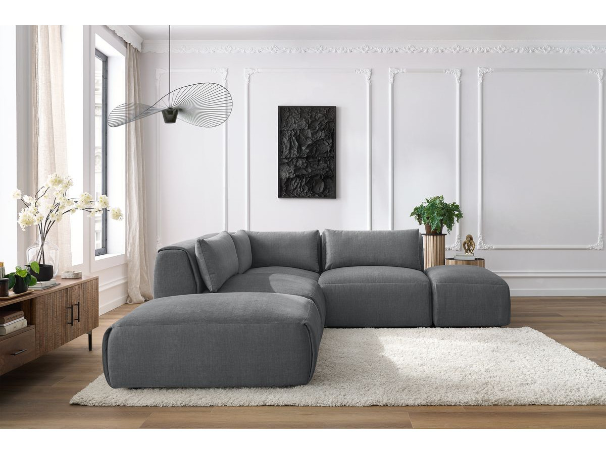 Canapé d'angle fixe modulable JEANNE tissu velours avec 2 chauffeuses, 1 angle et 2 poufs