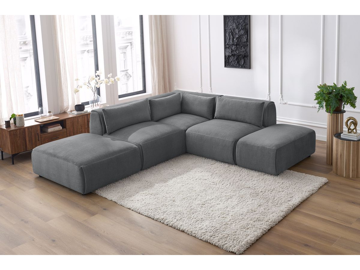 Canapé d'angle fixe modulable JEANNE tissu velours avec 2 chauffeuses, 1 angle et 2 poufs