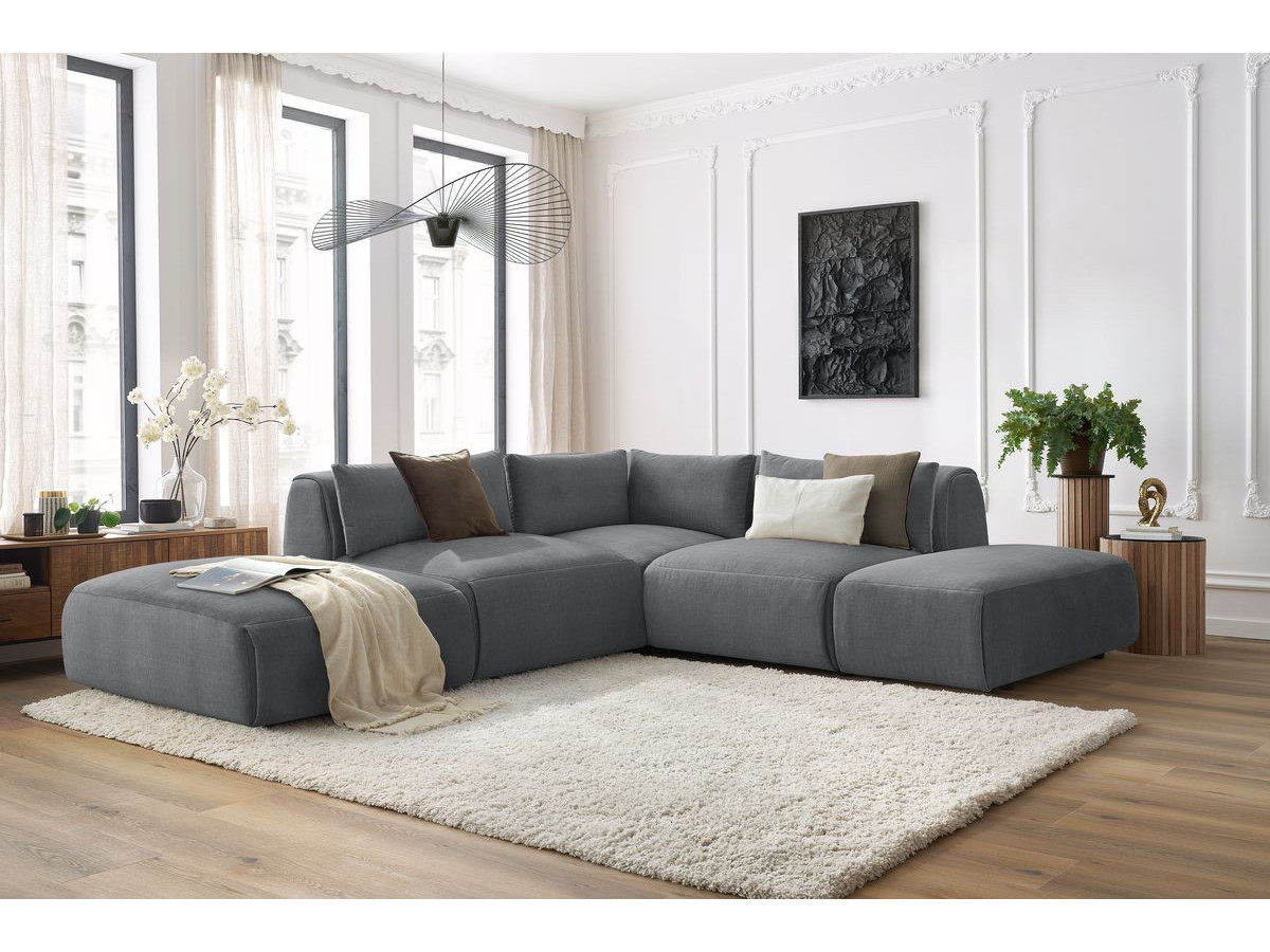 Canapé d'angle fixe modulable JEANNE tissu velours avec 2 chauffeuses, 1 angle et 2 poufs