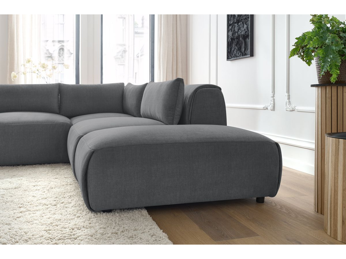 Canapé d'angle fixe modulable JEANNE tissu velours avec 2 chauffeuses, 1 angle et 2 poufs