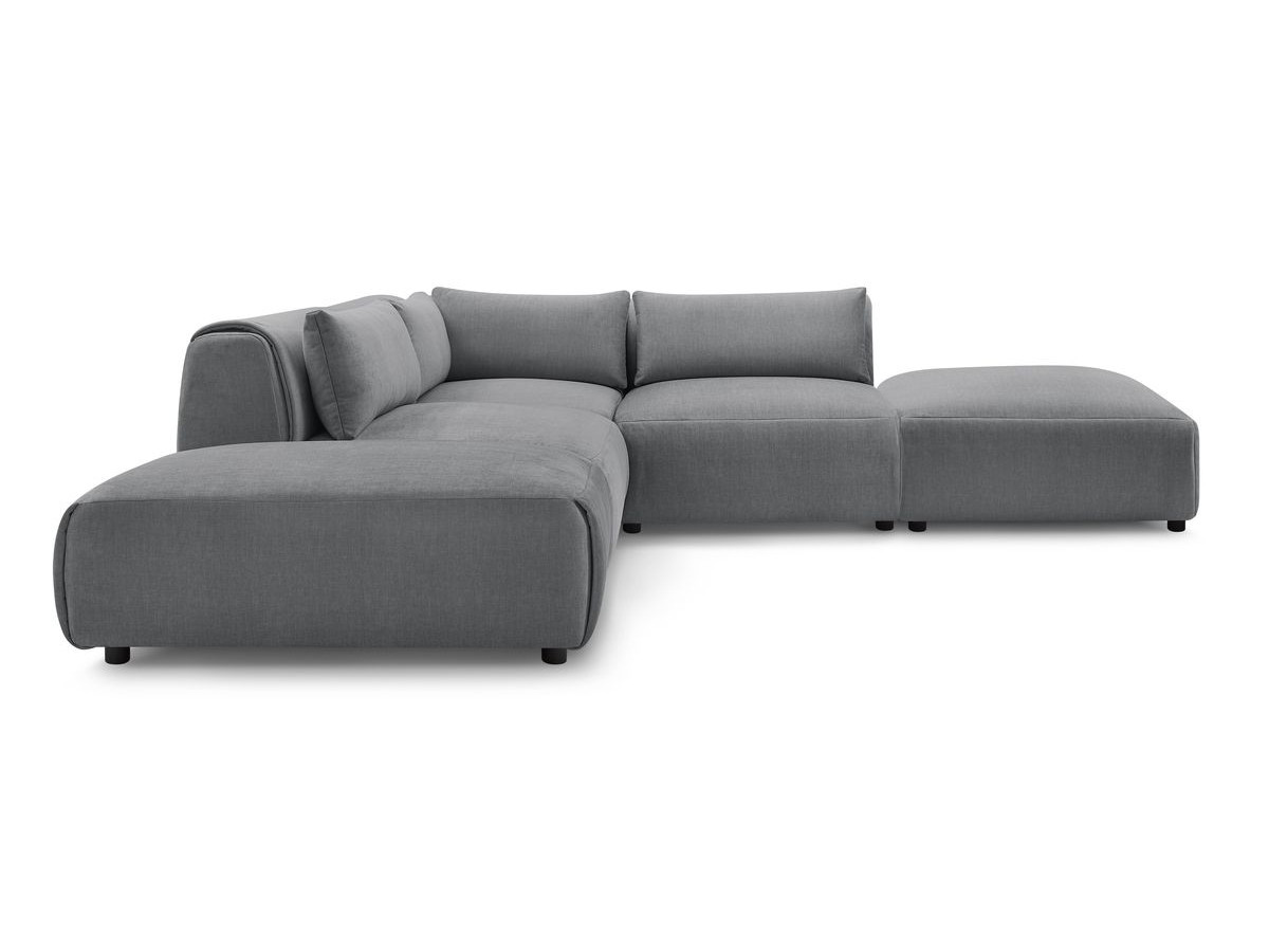 Canapé d'angle fixe modulable JEANNE tissu velours avec 2 chauffeuses, 1 angle et 2 poufs
