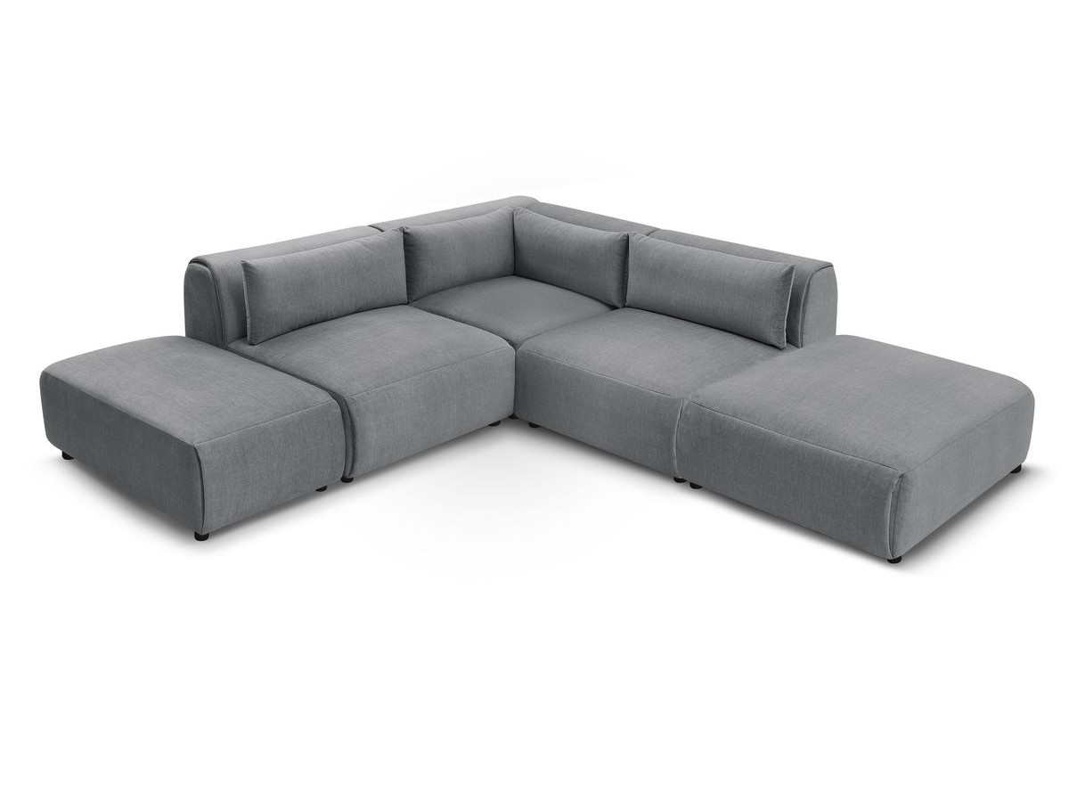 Canapé d'angle fixe modulable JEANNE tissu velours avec 2 chauffeuses, 1 angle et 2 poufs