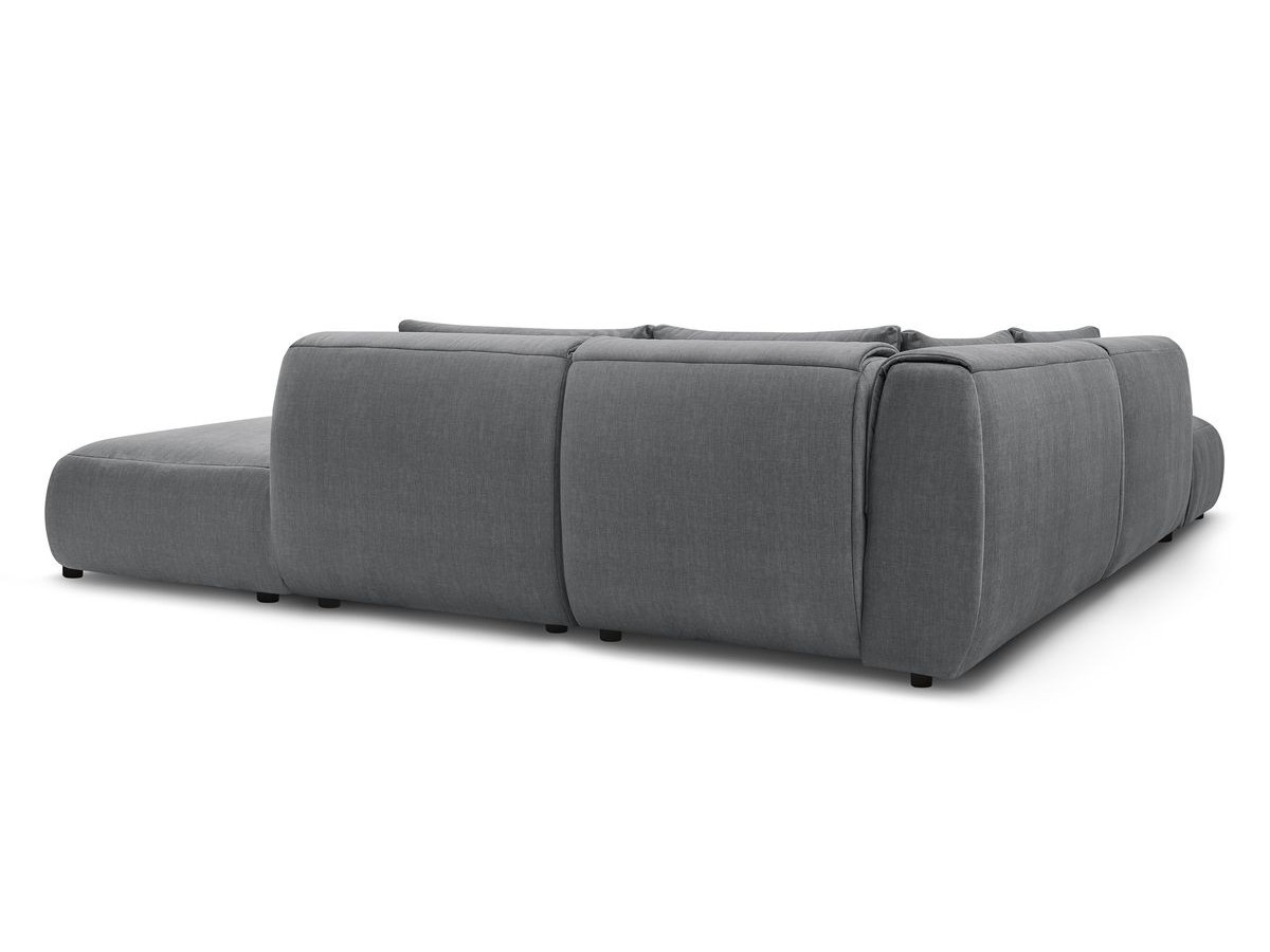 Canapé d'angle fixe modulable JEANNE tissu velours avec 2 chauffeuses, 1 angle et 2 poufs