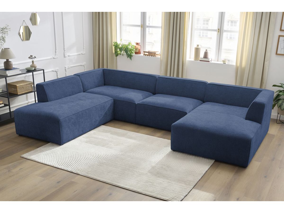 Canapé panoramique fixe MEGEVE tissu texturé bleu foncé angle droit BOBOCHIC 5 places - Vue supplémentaire 3