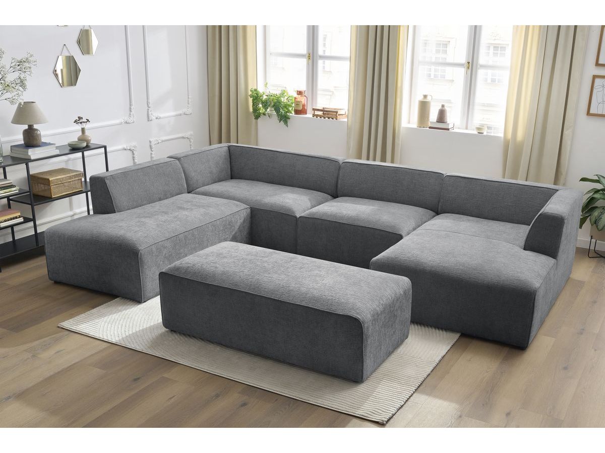 Canapé panoramique fixe MEGEVE avec pouf tissu texturé gris foncé angle droit BOBOCHIC 6 places - Vue supplémentaire 3