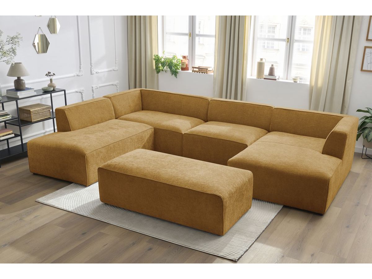 Canapé panoramique fixe MEGEVE avec pouf tissu texturé jaune angle droit BOBOCHIC 6 places - Vue supplémentaire 3