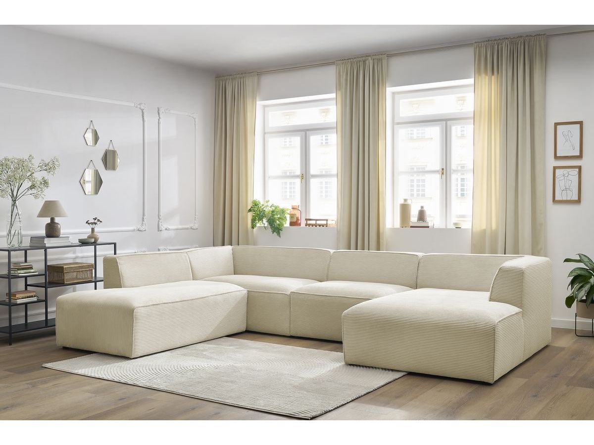 Canapé panoramique fixe MEGEVE tissu velours côtelé beige angle droit BOBOCHIC 5 places - Vue supplémentaire 3