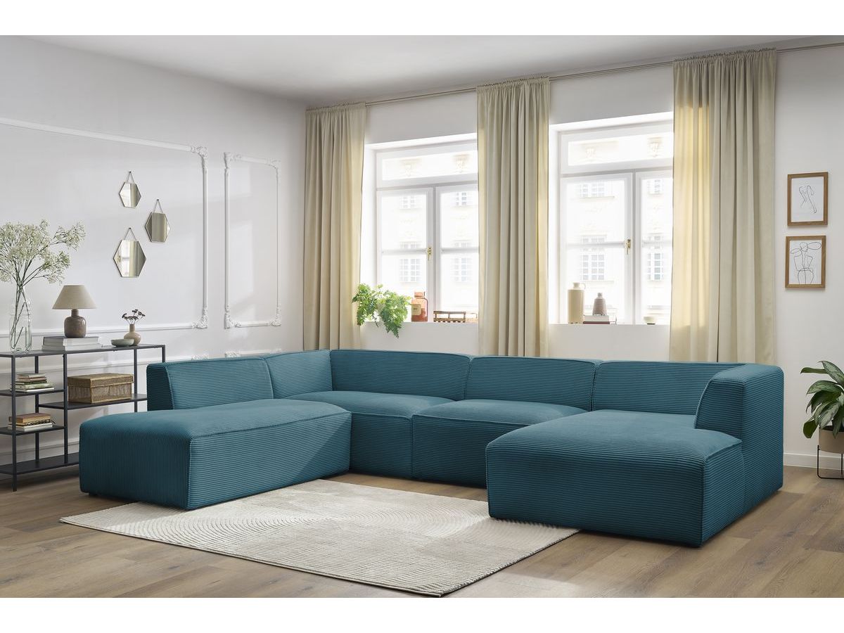 Canapé panoramique fixe MEGEVE tissu velours côtelé bleu foncé angle droit BOBOCHIC 5 places - Vue supplémentaire 3