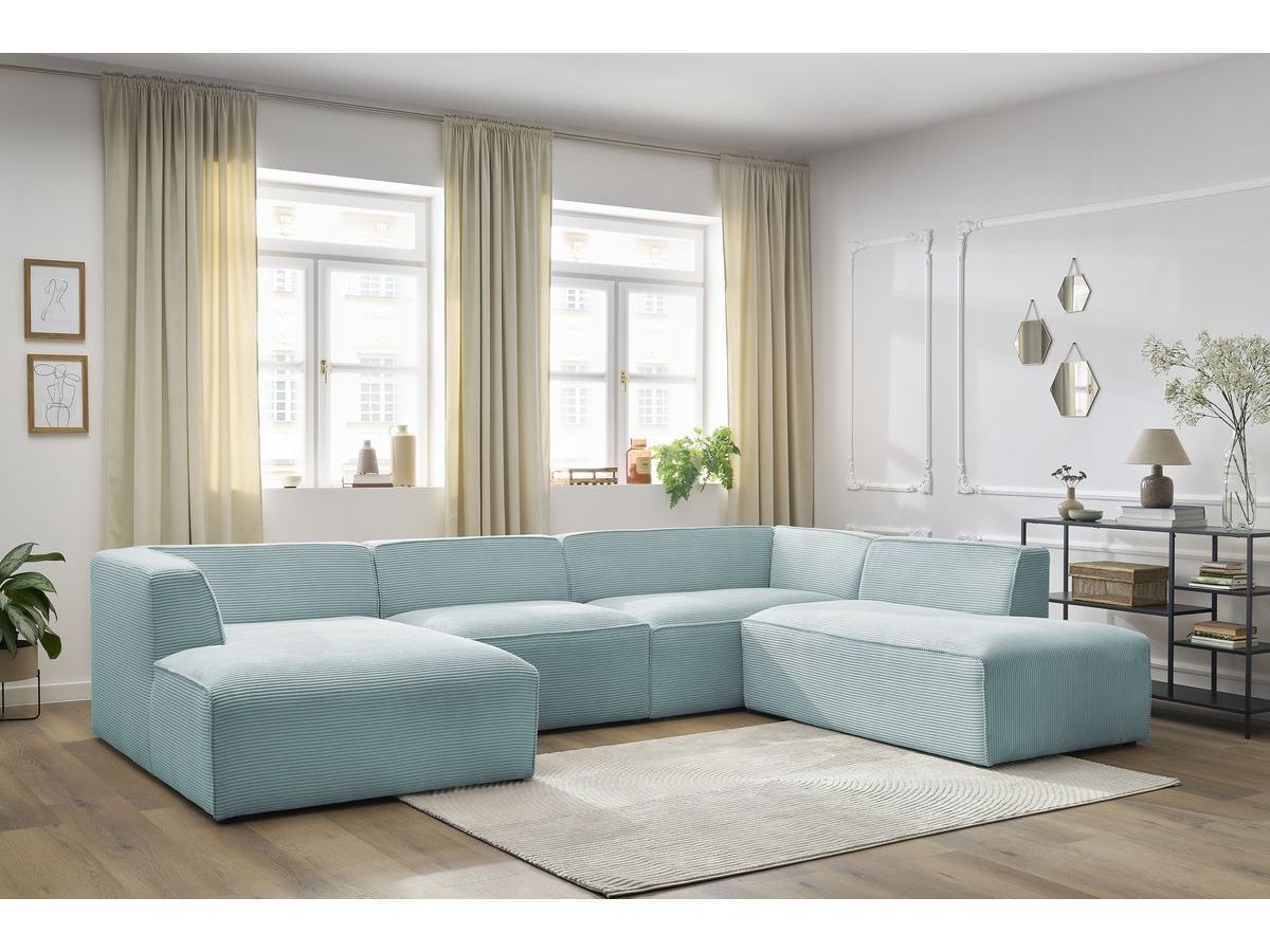 Canapé panoramique fixe MEGEVE tissu velours côtelé bleu clair angle gauche BOBOCHIC 5 places - Vue supplémentaire 3